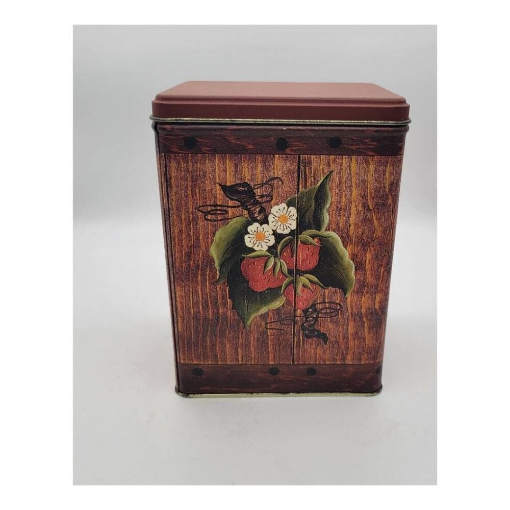 Vintage Strawberry Faux Wooden Metal Tin Box